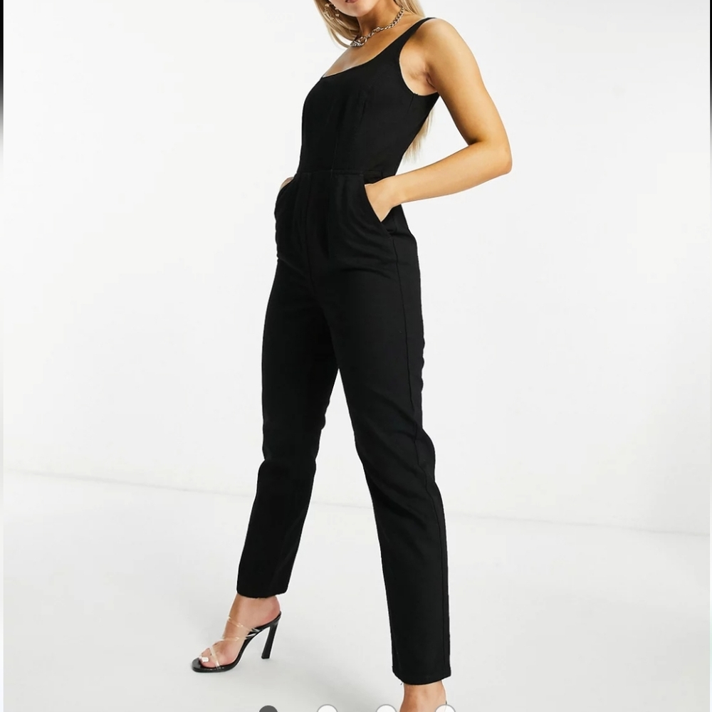 ASOS DESIGN Hourglass denim square neck fitted jumpsuit in washed black size 11